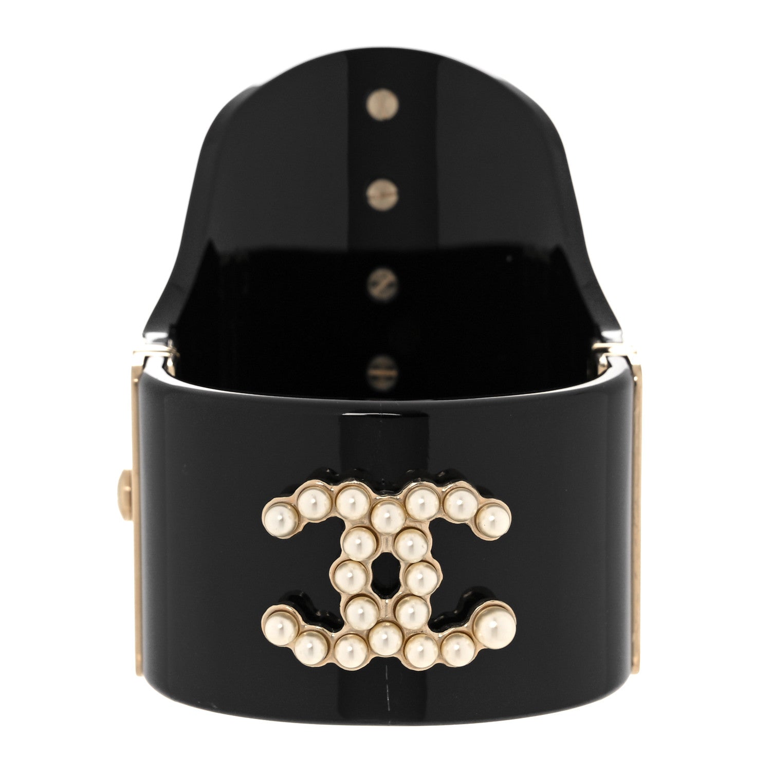 Chanel Resin Pearl CC Cuff Bracelet Black Gold 1 of 6