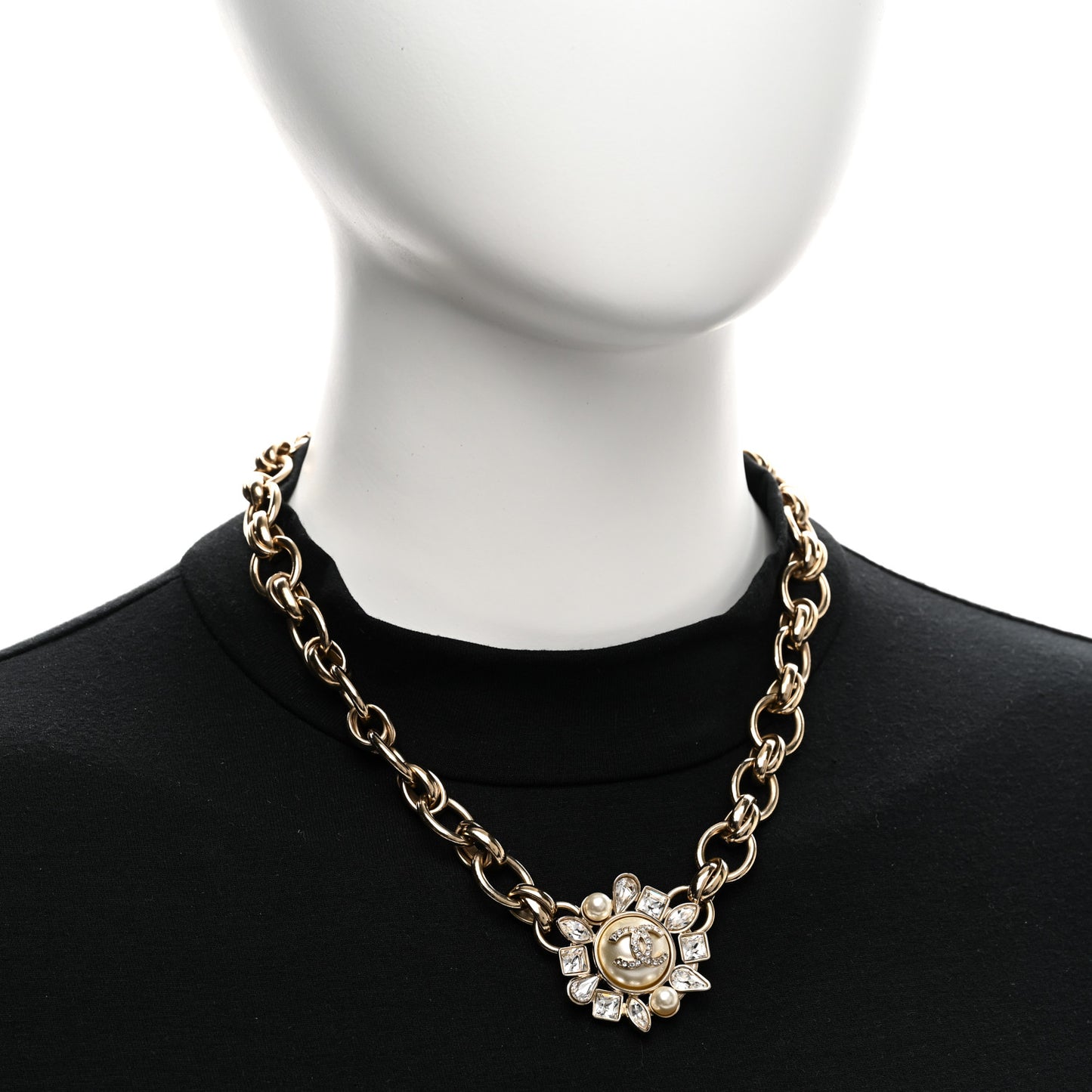 Pearl Crystal CC Snowfall Chain Short Necklace Light Gold