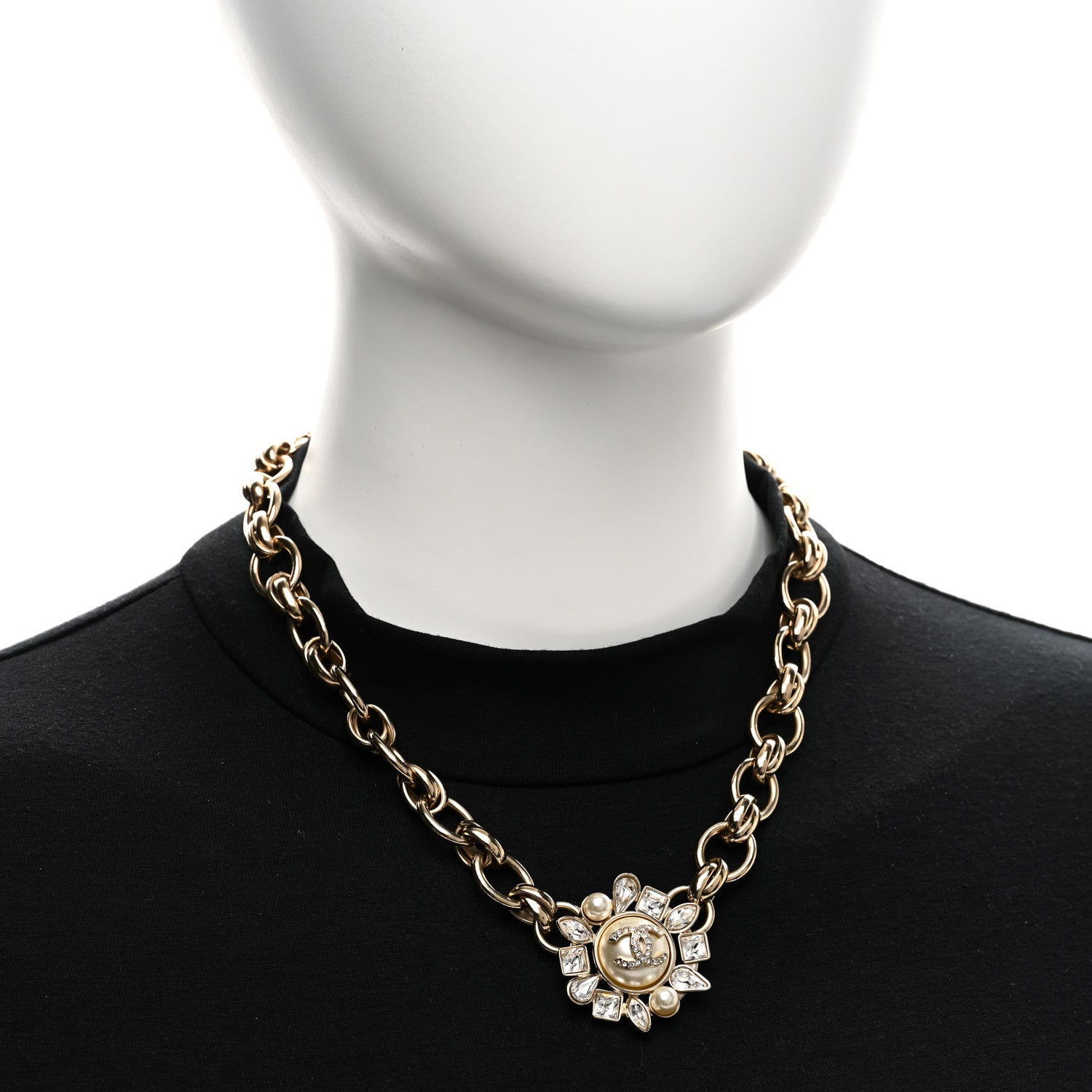 Chanel Pearl Crystal CC Snowfall Chain Short Necklace Light Gold 2 of 6