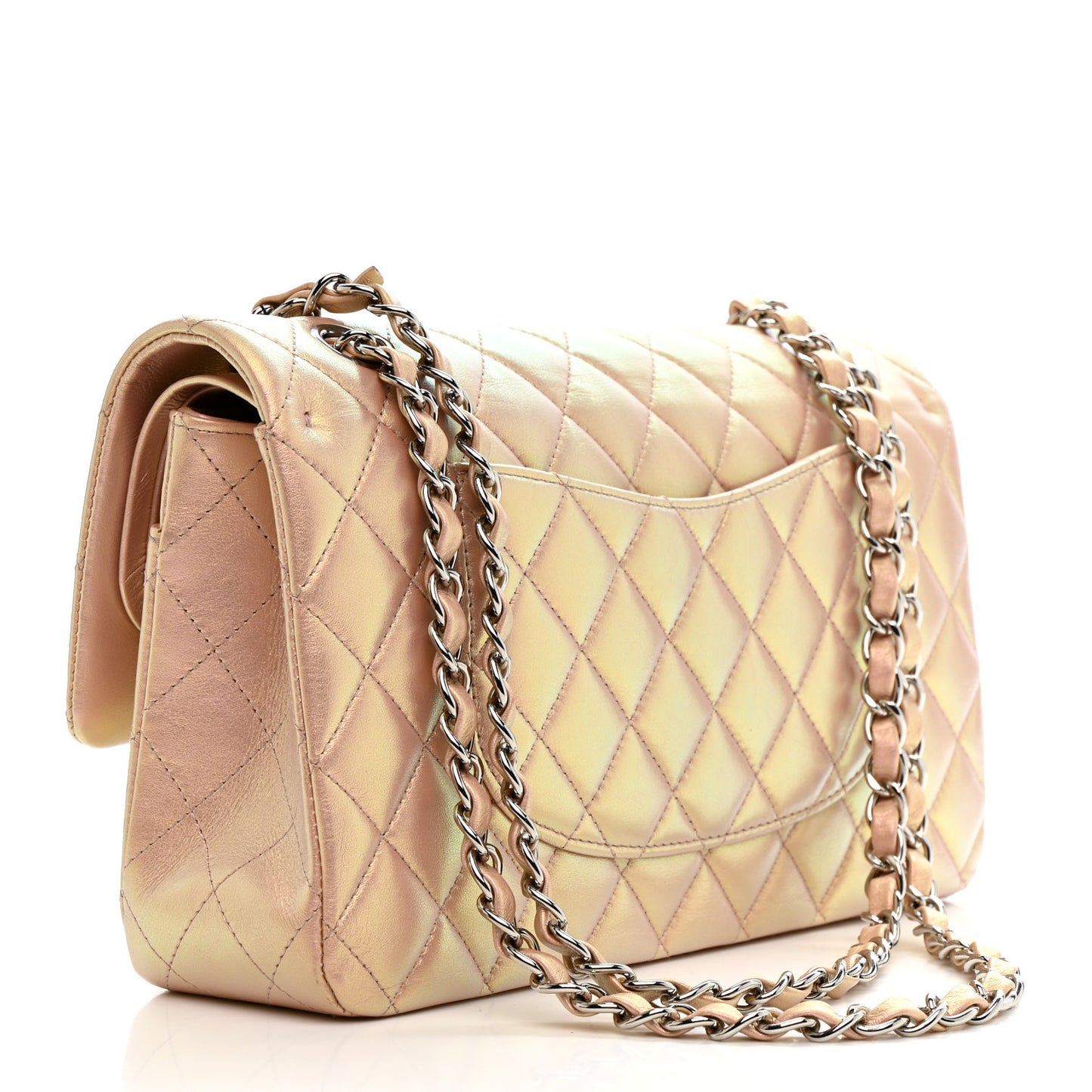 Iridescent Calfskin Quilted Medium Double Flap Pink