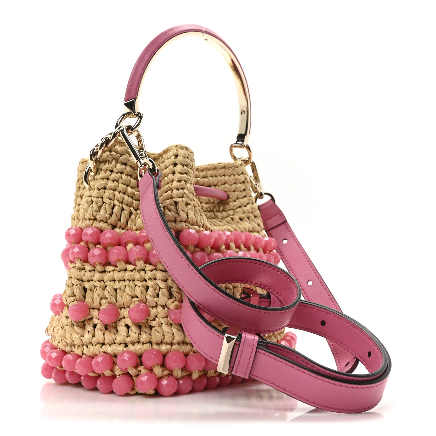 Jimmy Choo Calfskin Raffia Beaded Bon Bon Bucket Bag Beige Pink 3 of 10