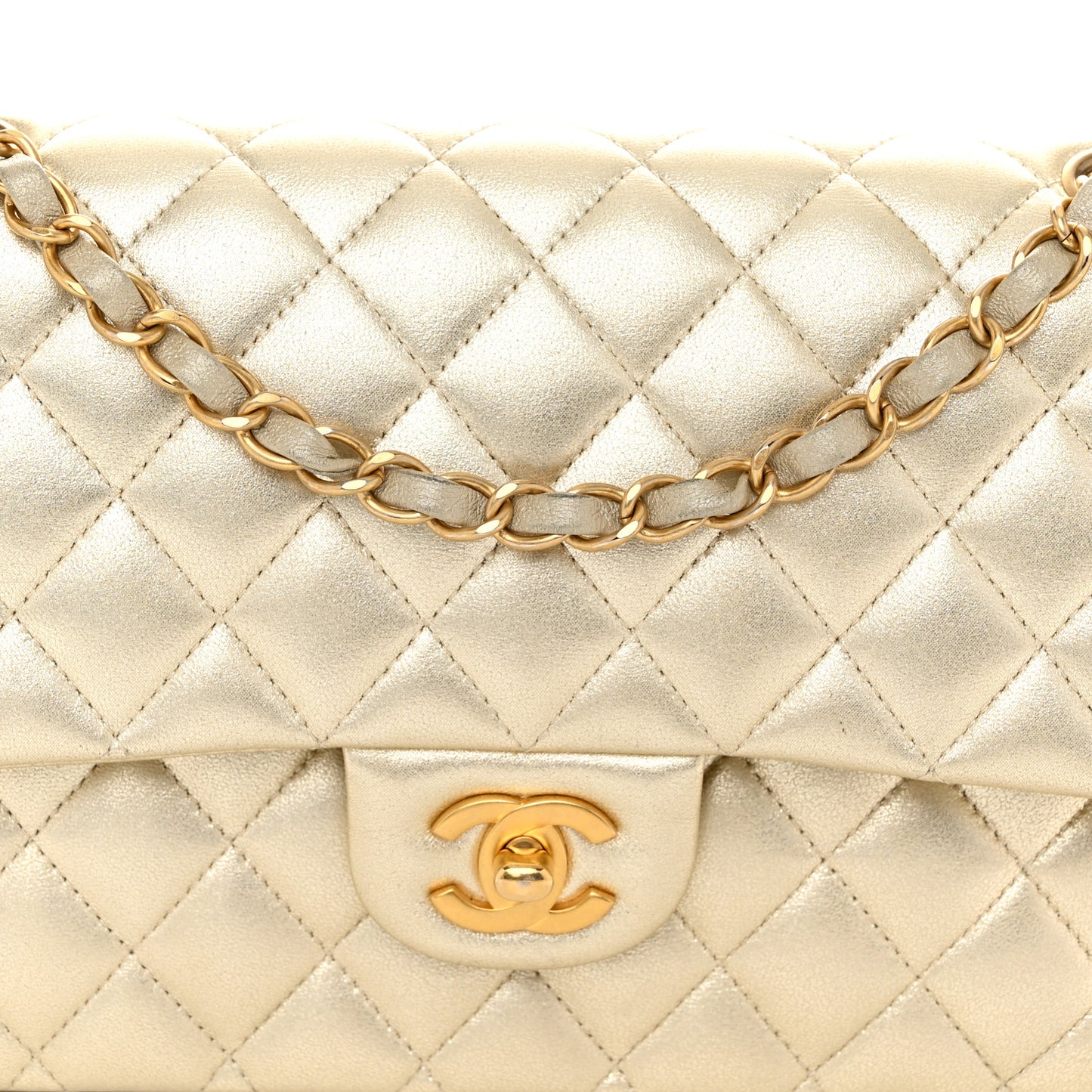 Metallic Lambskin Quilted Medium Double Flap Gold