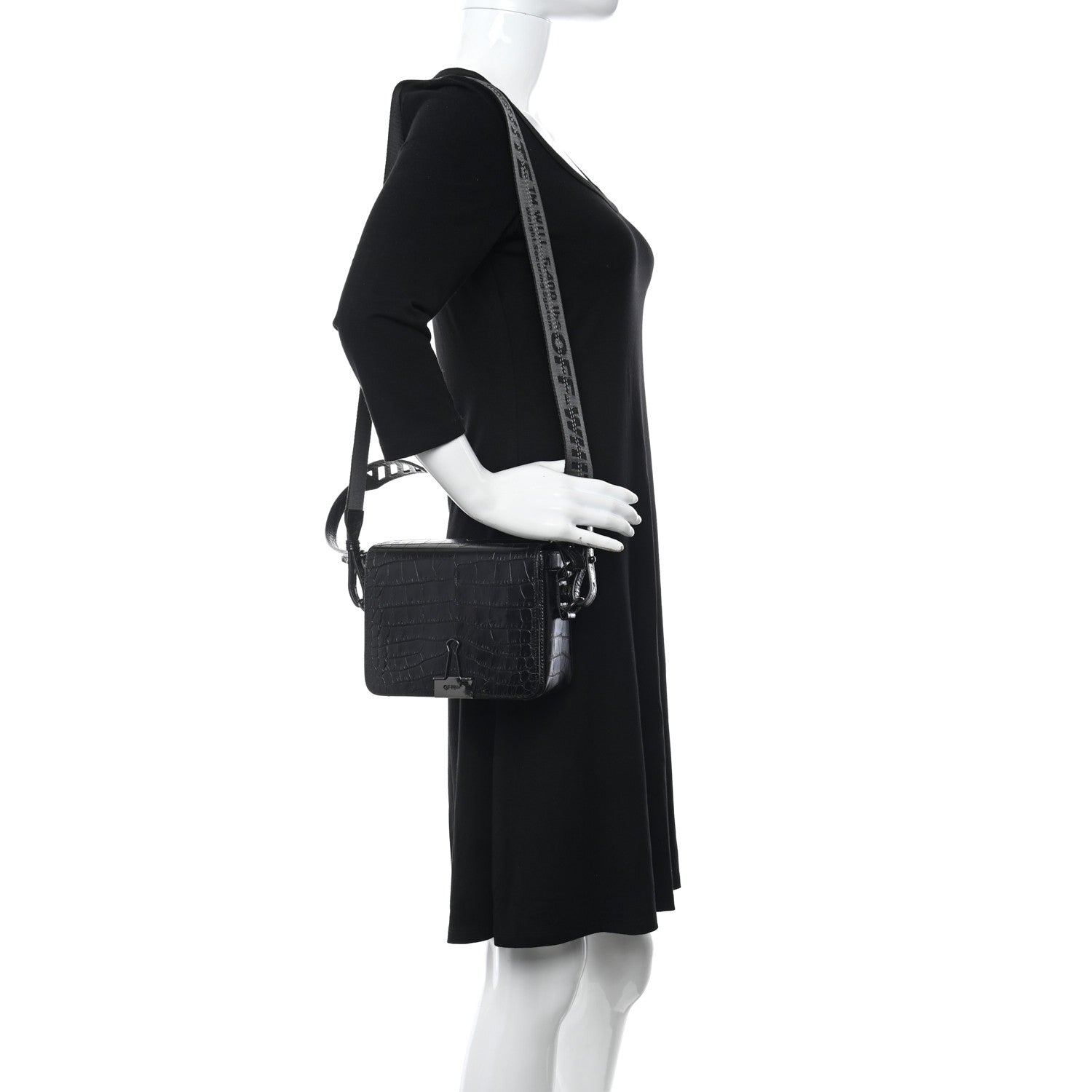 Off-White Calfskin Embossed Crocodile Binder Flap Bag Black 2 of 12