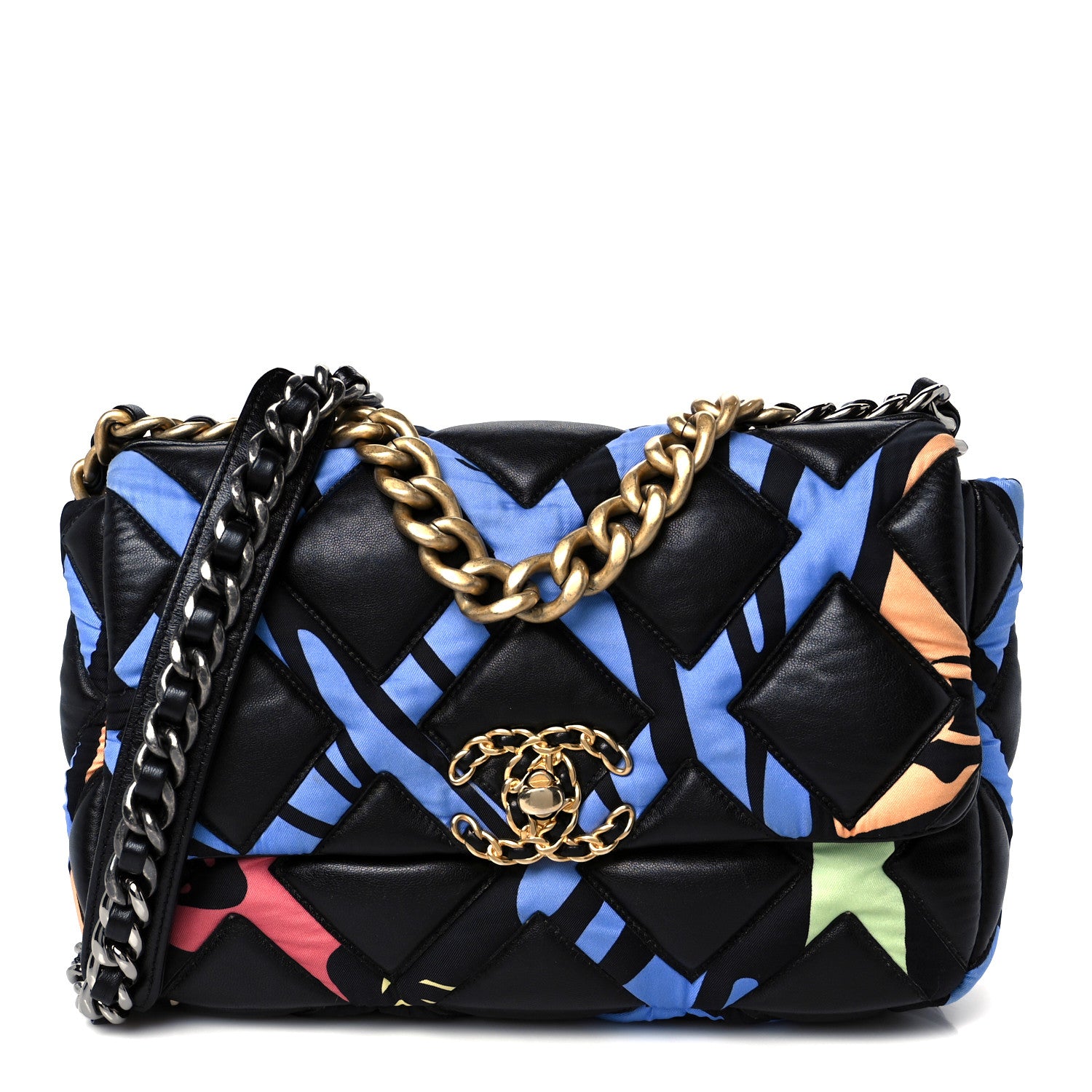 Chanel Lambskin Printed Fabric Medium Chanel 19 Flap Black Multicolor 1 of 10