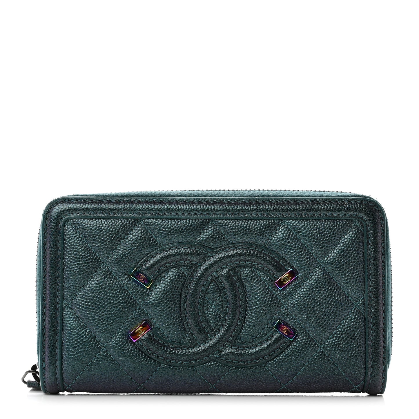 Iridescent Caviar Quilted Medium Filigree Zip Around Wallet Dark Turquoise