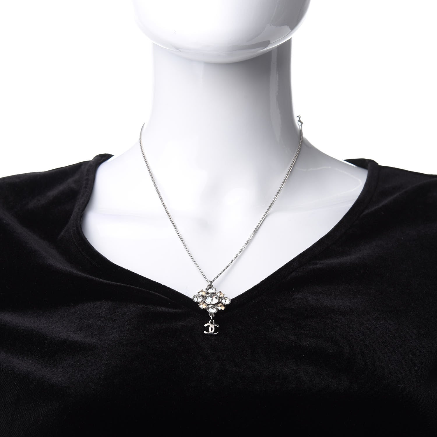 Chanel Crystal CC Drop Pendant Necklace Silver 2 of 5