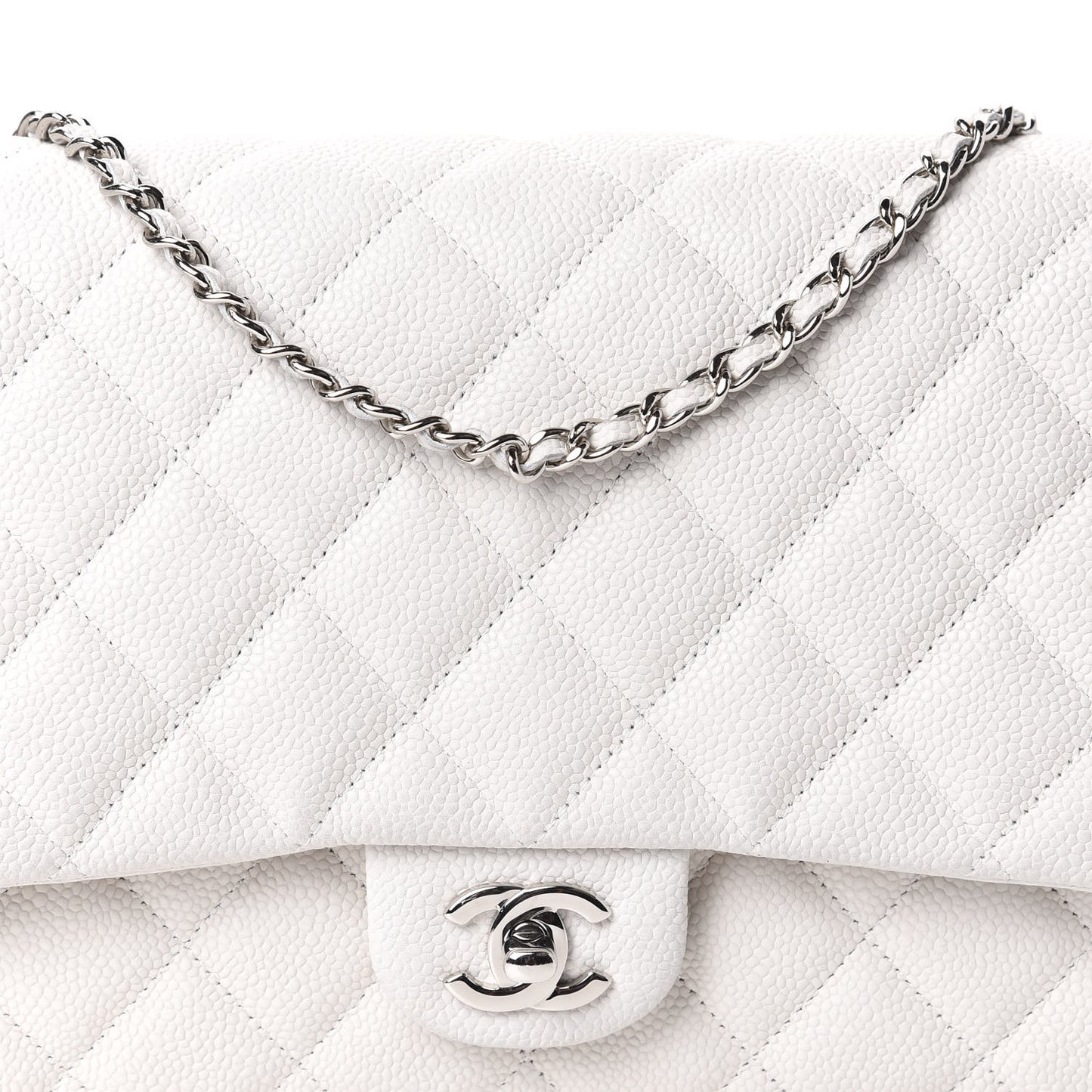 Caviar Quilted Clutch With Chain Flap White