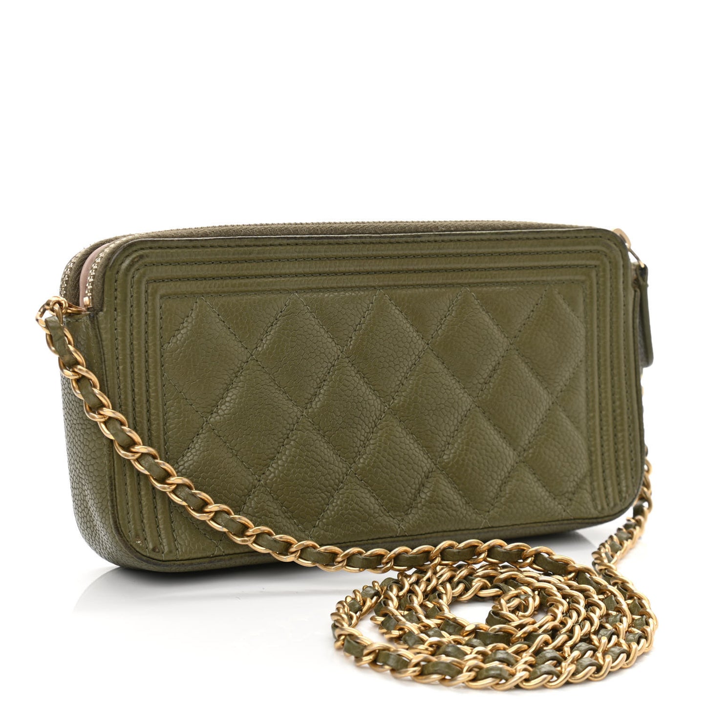 Caviar Quilted Small Boy Clutch With Chain Khaki