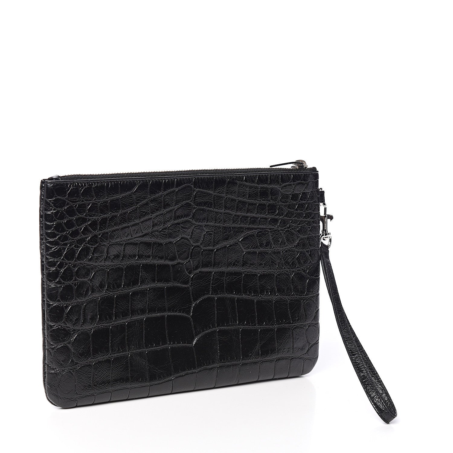 Saint Laurent Calfskin Crocodile Embossed Monogram Zip Pouch Black 2 of 9
