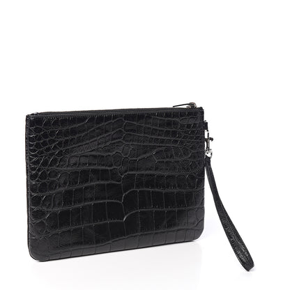 Saint Laurent Calfskin Crocodile Embossed Monogram Zip Pouch Black 2 of 9
