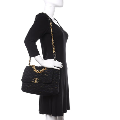 Chanel Tweed Quilted Large Chanel 19 Flap Black Navy Gold 2 of 12