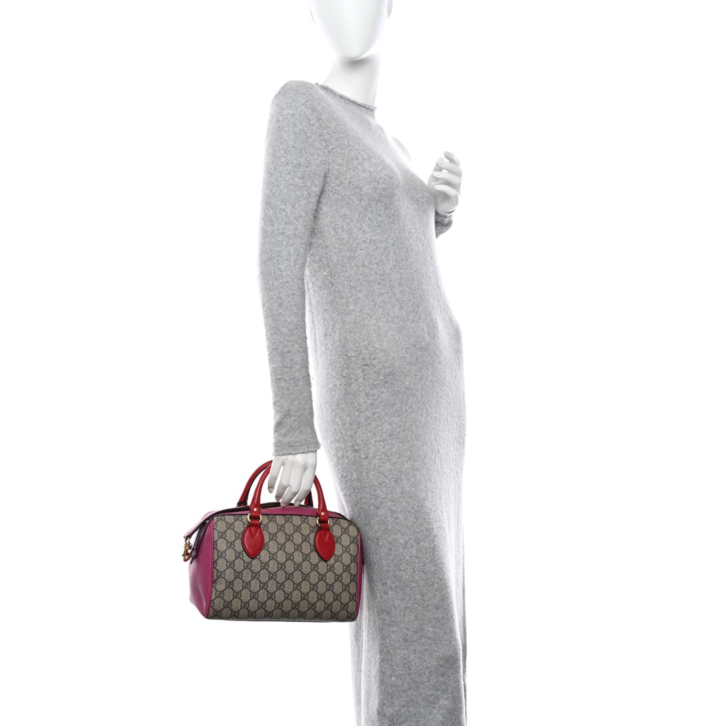 GG Supreme Monogram Moon Calfskin Small Boston Beige Ebony Hibiscus Red New Rosette