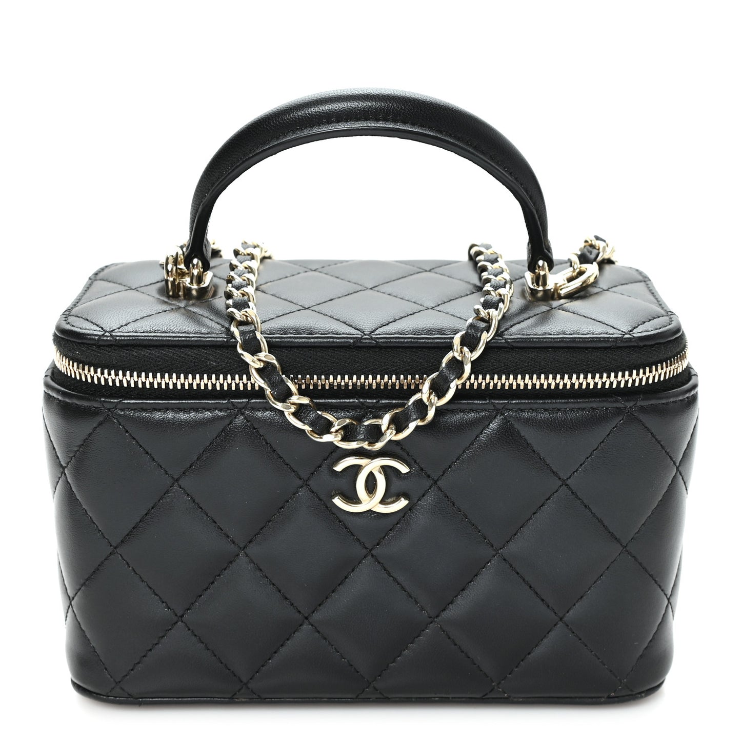 Lambskin Quilted Small Top Handle Vanity Case With Chain Black