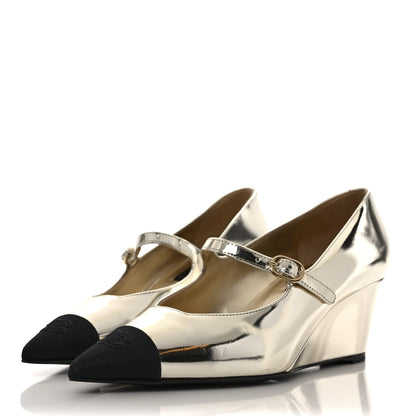 Chanel Laminated Calfskin Grosgrain Cap Toe CC Pointed Toe Wedge Pumps 37.5 Gold Black 3 of 8