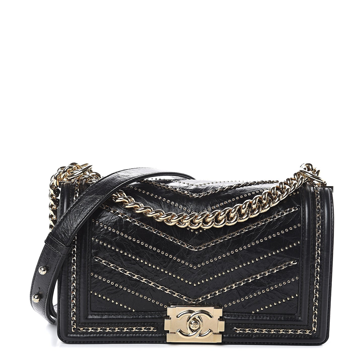 Crumpled Calfskin Chevron Chain Medium Boy Flap Black