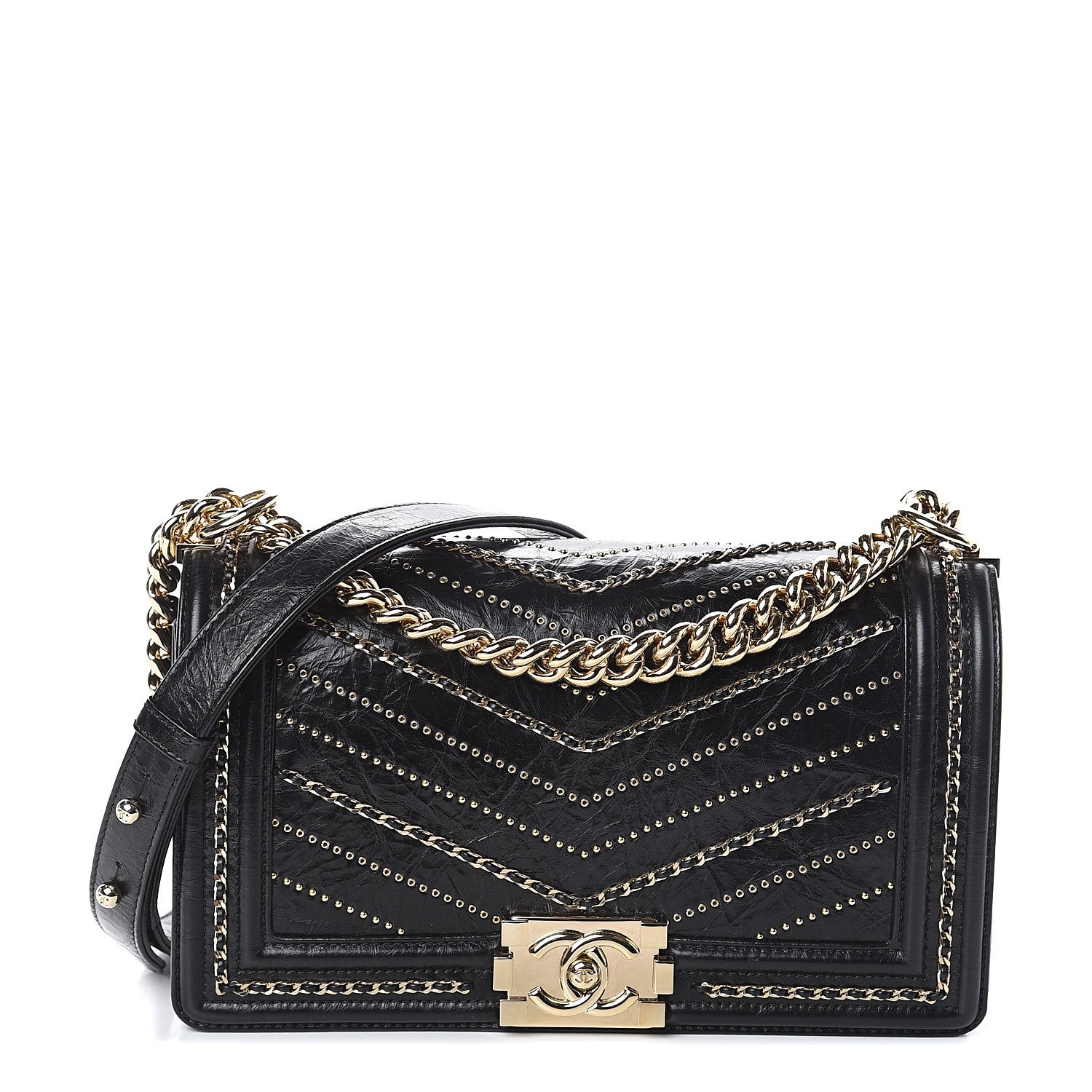Chanel Crumpled Calfskin Chevron Chain Medium Boy Flap Black 1 of 9