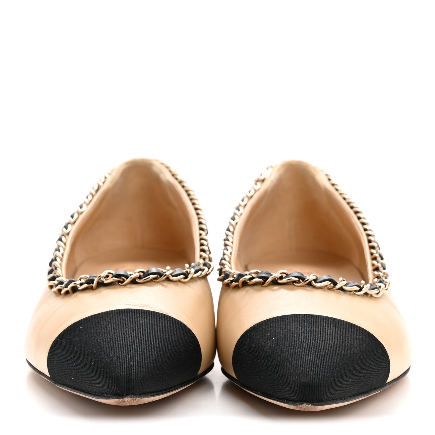 Lambskin Grosgrain Chain Cap Toe Flats 37.5 Beige Black