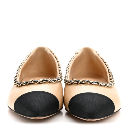 Chanel Lambskin Grosgrain Chain Cap Toe Flats 37.5 Beige Black 3 of 11