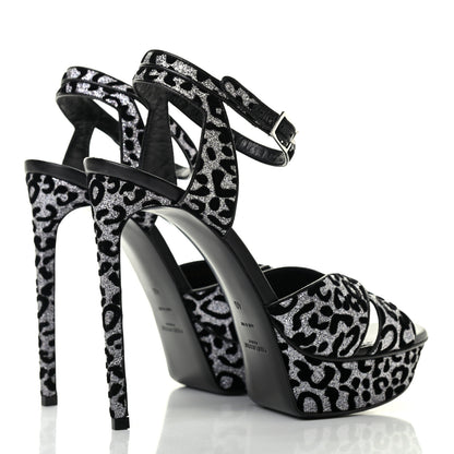Saint Laurent Velvet Glitter Leopard Print Platform Sandals 40 Argento Black 4 of 8