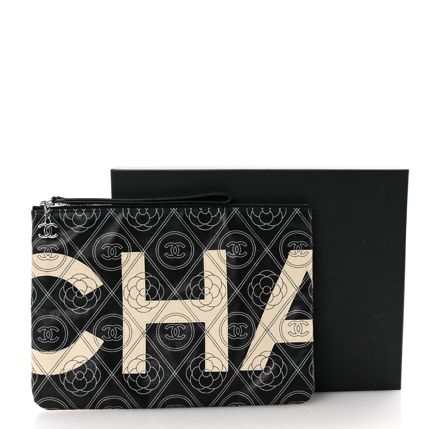 Coated Canvas Calfskin Camellia Printed Pouch Black Beige