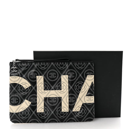 Chanel Coated Canvas Calfskin Camellia Printed Pouch Black Beige 8 of 8