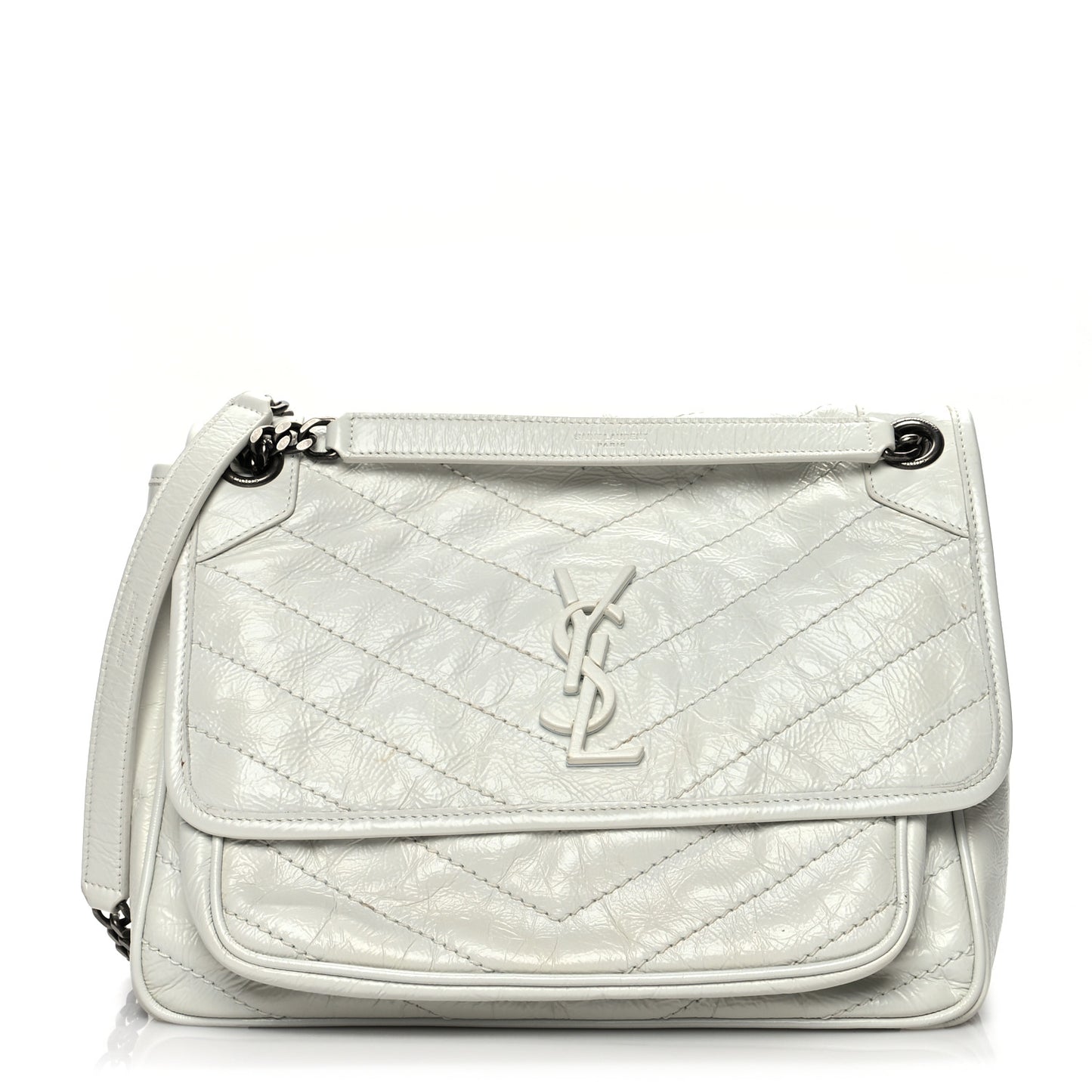 Crinkled Calfskin Matelasse Monogram Medium Niki Chain Satchel Dirty White