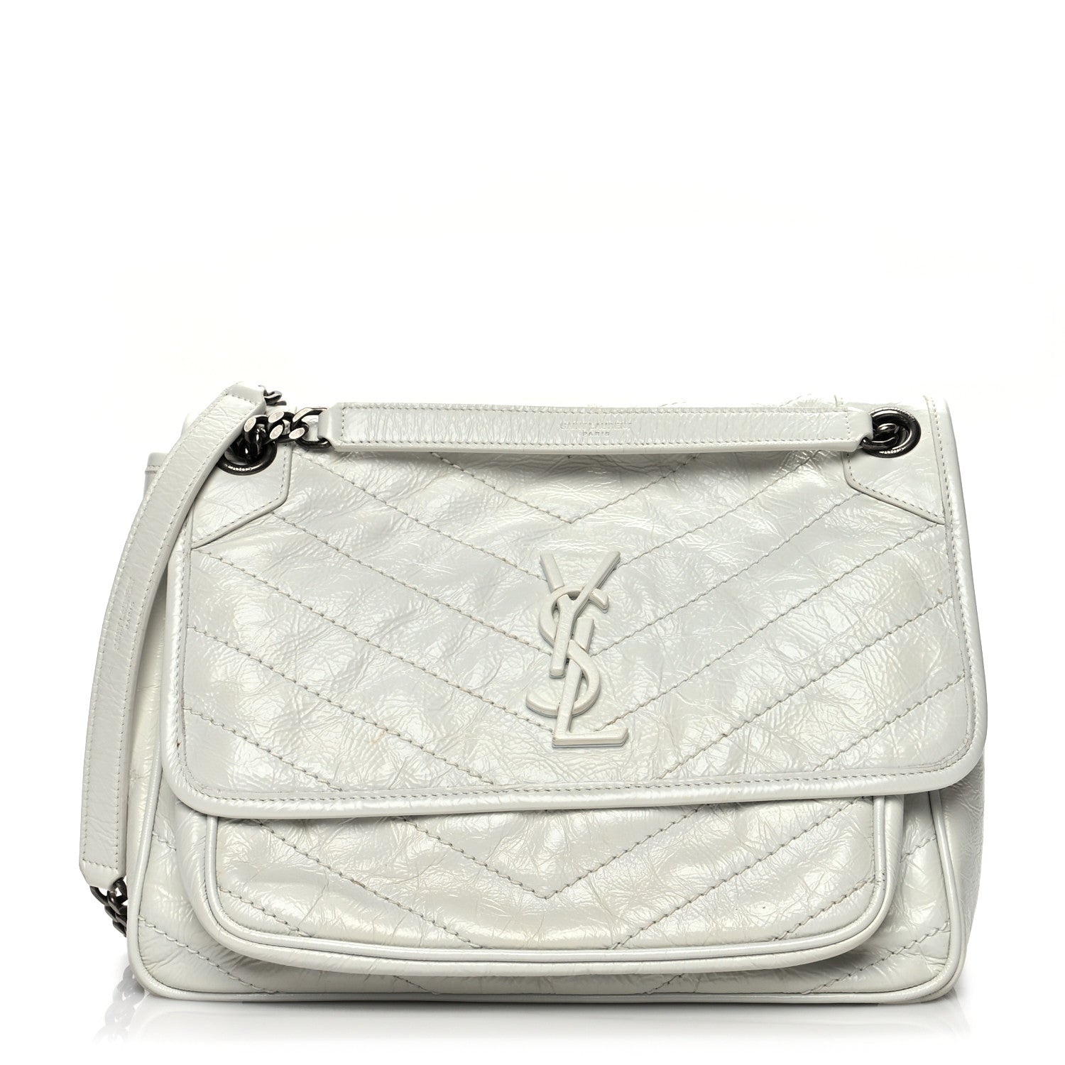 Saint Laurent Crinkled Calfskin Matelasse Monogram Medium Niki Chain Satchel Dirty White 1 of 10
