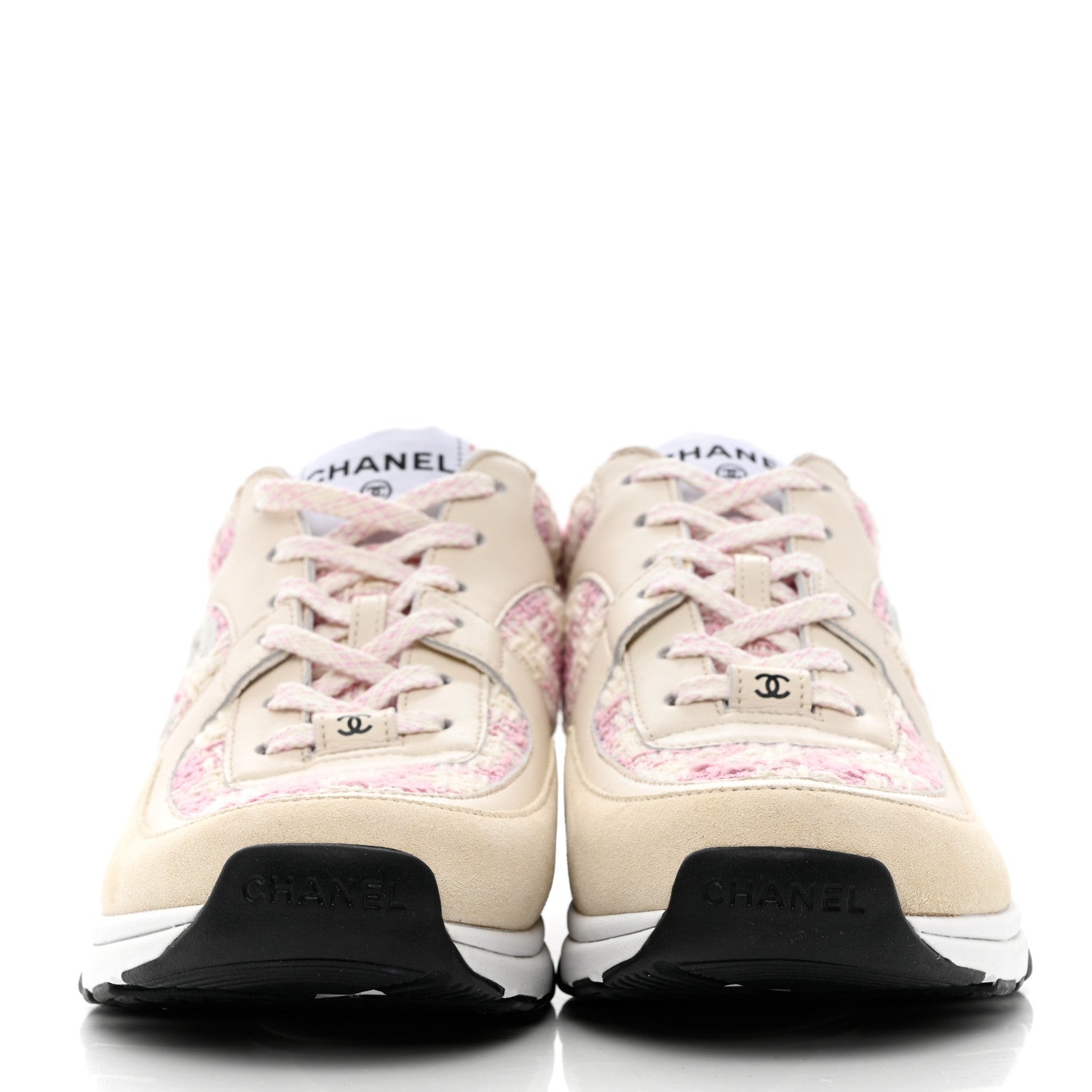 Chanel Tweed Suede Calfskin Womens CC Sneakers 39.5 Pink Ecru 2 of 7