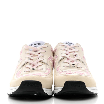 Chanel Tweed Suede Calfskin Womens CC Sneakers 39.5 Pink Ecru 2 of 7