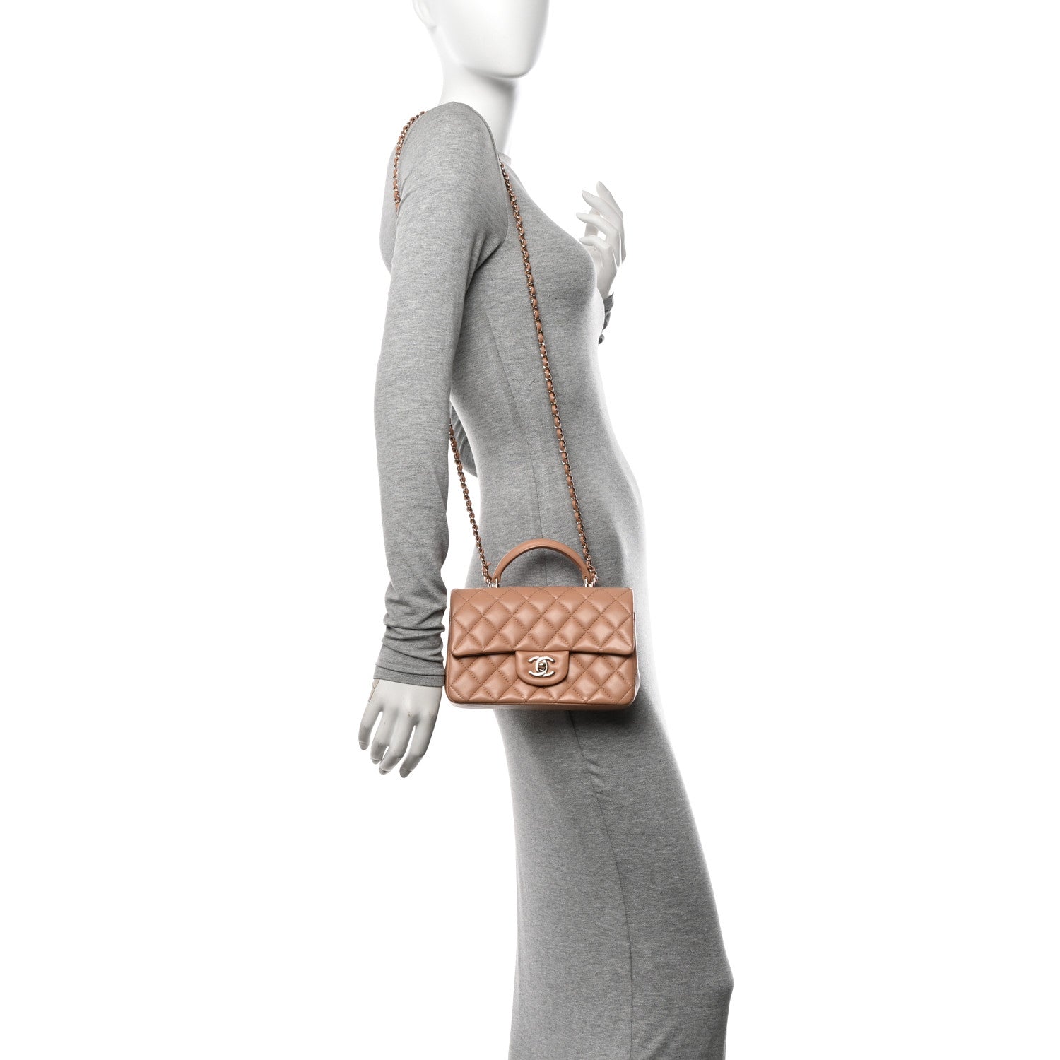 Chanel Lambskin Quilted Mini Top Handle Rectangular Flap Beige 2 of 13