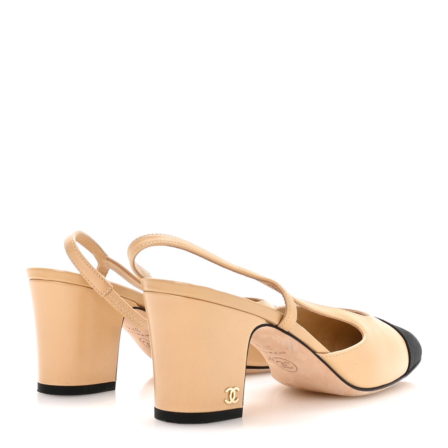 Chanel Goatskin Grosgrain Cap Toe CC Slingback Pumps 37.5 Beige Black 5 of 8