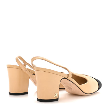 Chanel Goatskin Grosgrain Cap Toe CC Slingback Pumps 37.5 Beige Black 5 of 8