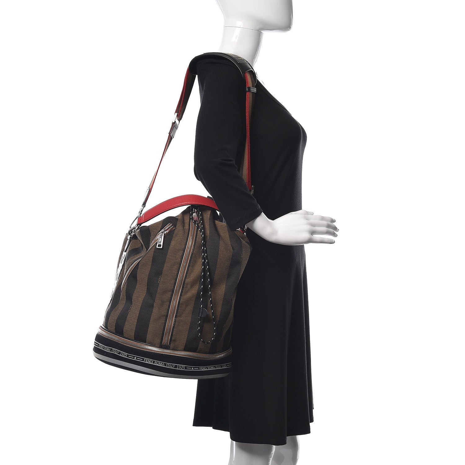 Fendi Fabric Jacquard Cuoio Romano Vitello Pequin Bi-Color FF 1974 Embossed Mon Tresor Holdall Bag Tobacco Moro Rosso Malboro Maya Black 2 of 12