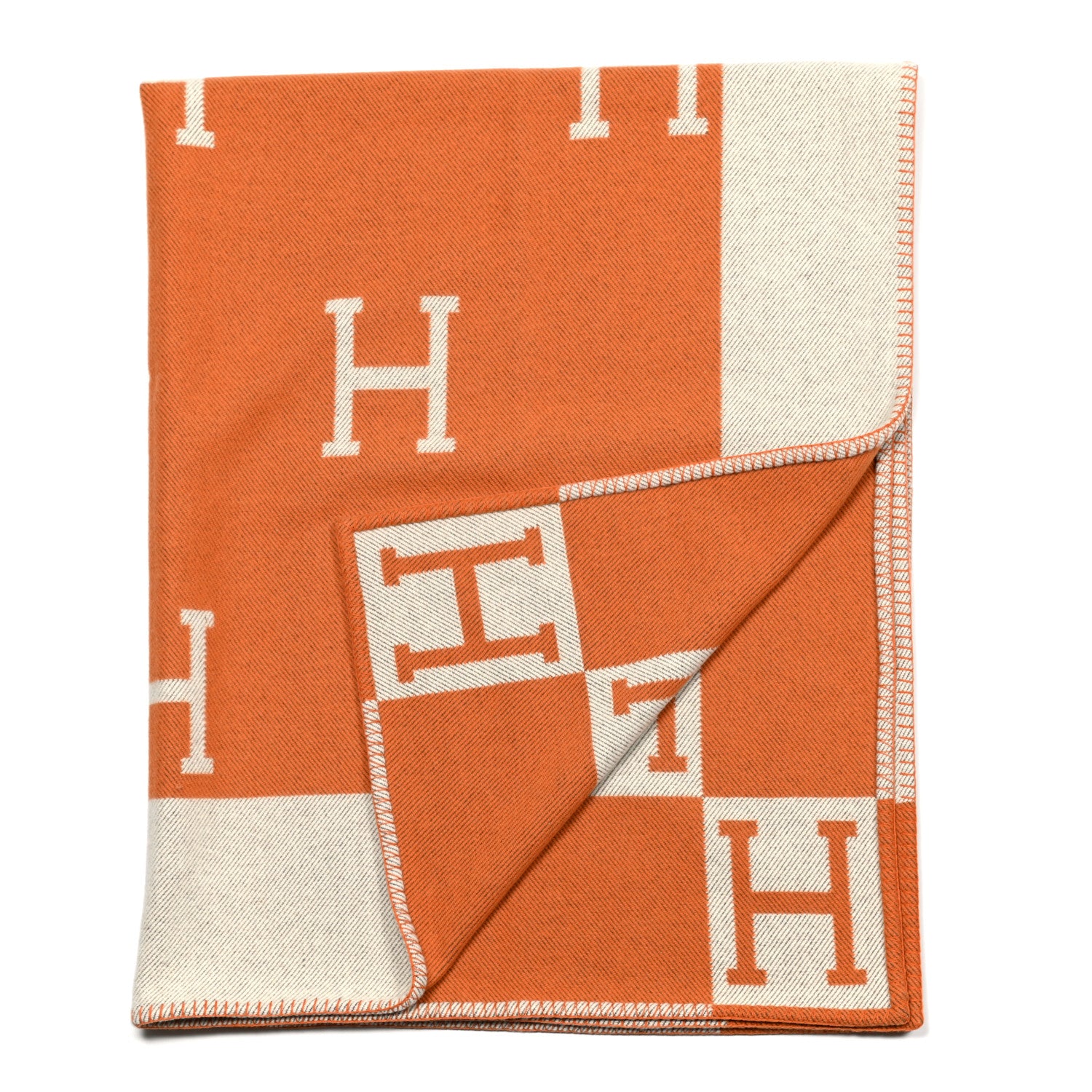 Hermes Wool Cashmere Signature Classic Avalon Blanket Ecru Potiron 2 of 4
