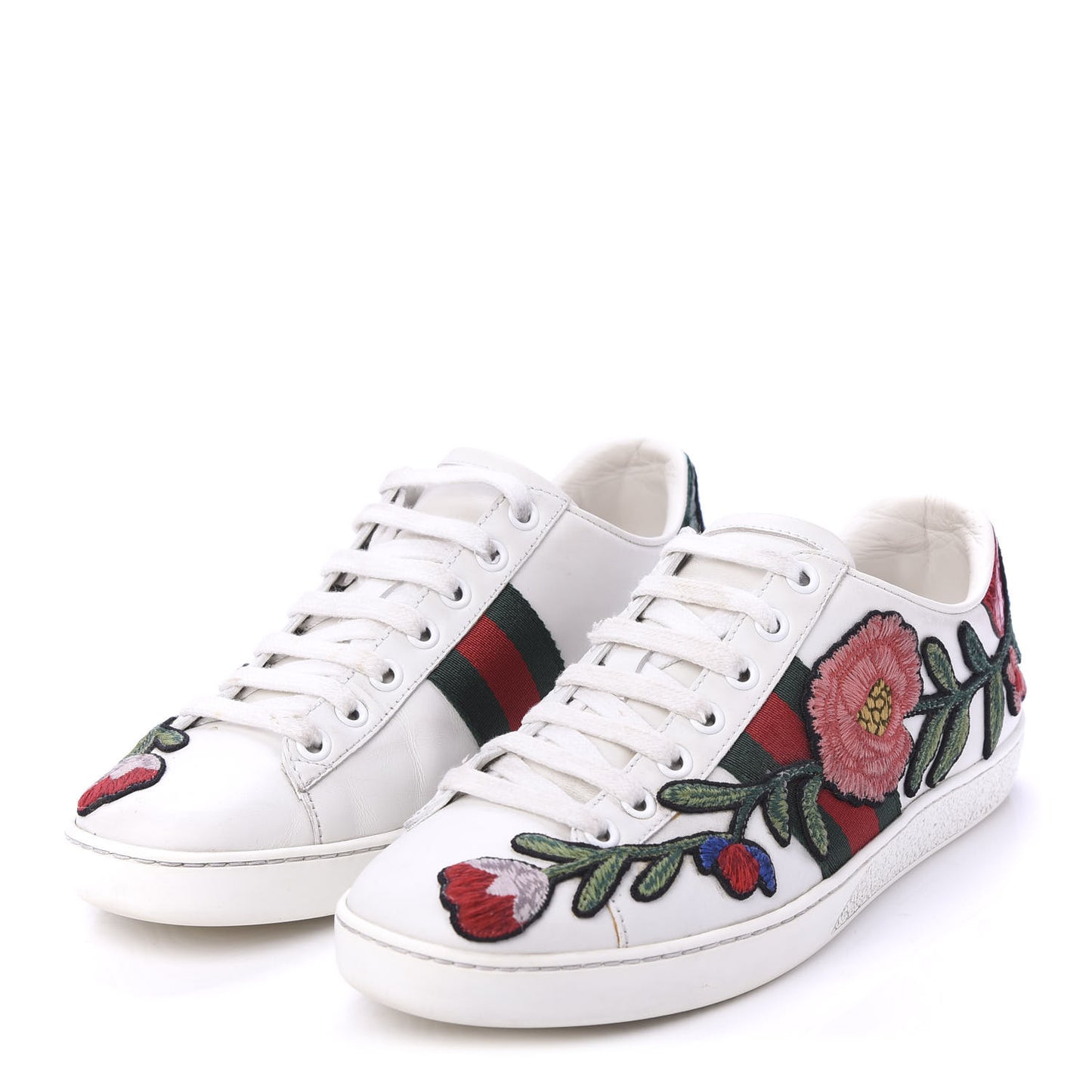 Calfskin Web Floral Embroidered Womens Ace Sneakers 36 White