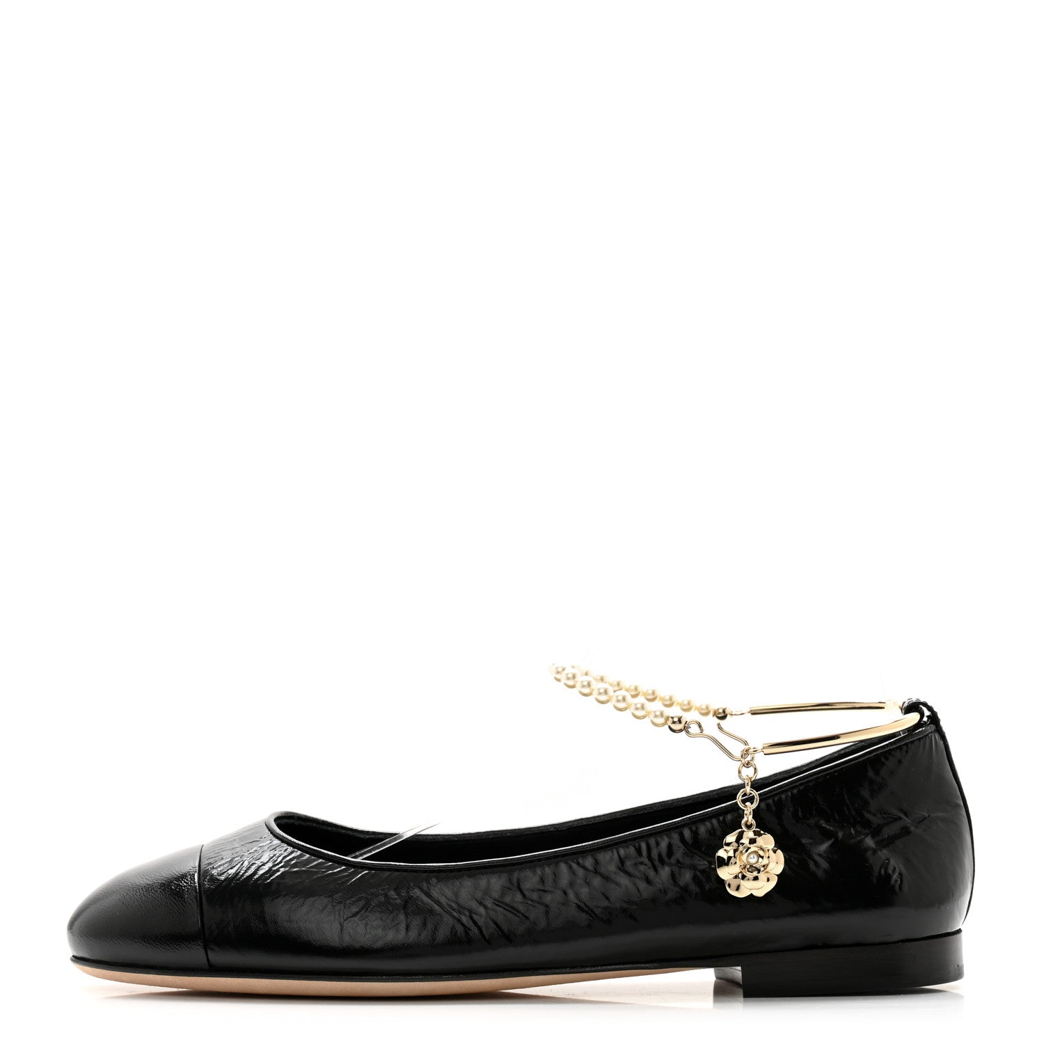 Chanel Shiny Lambskin Pearl Cap Toe Ankle Chain Ballerina Flats 39 Black 1 of 10