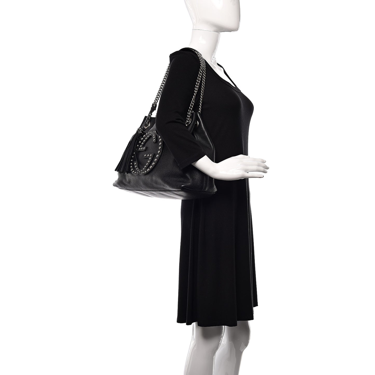 Pebbled Calfskin Studded Medium Soho Chain Shoulder Bag Black