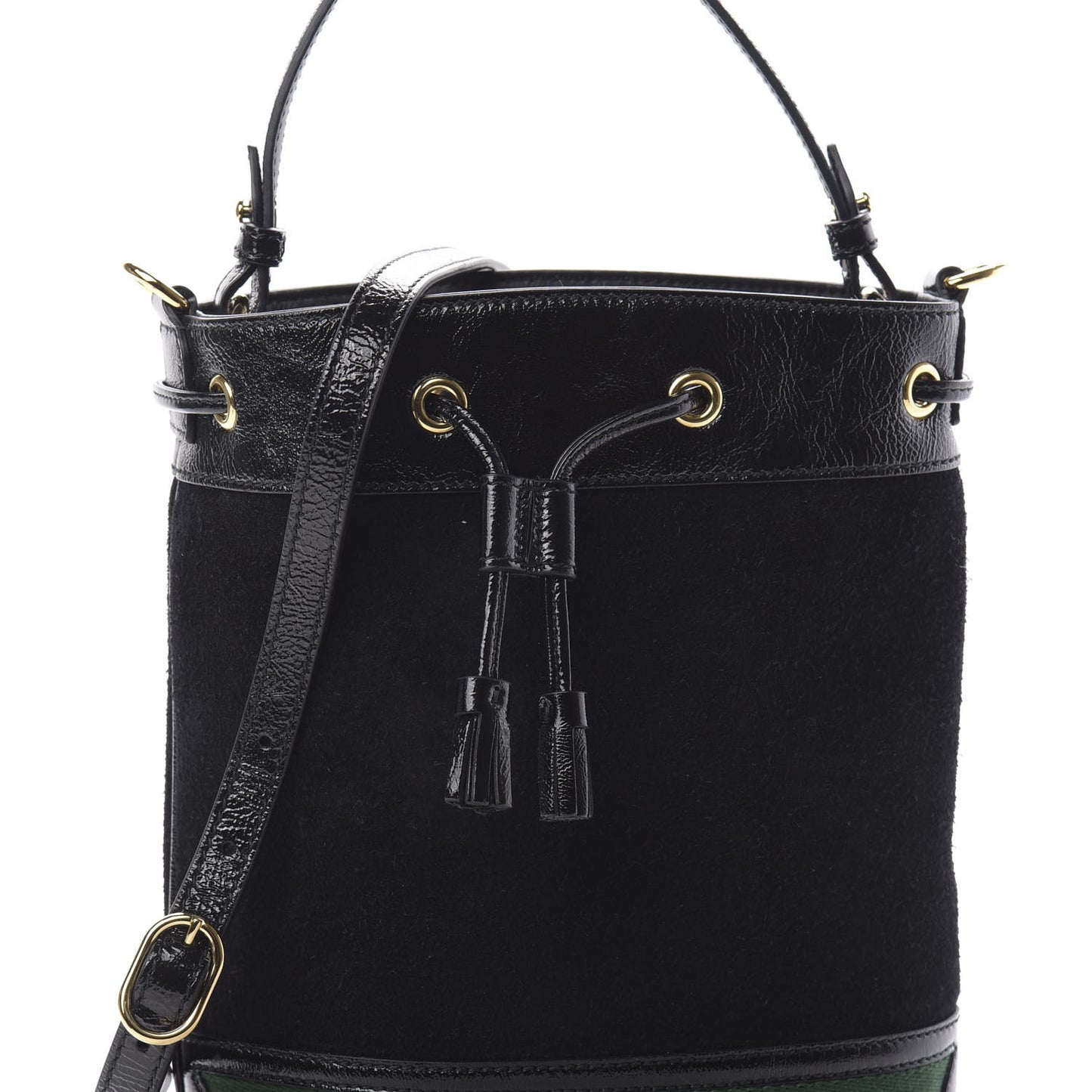 Suede Patent Web Small Ophidia Bucket Bag Black