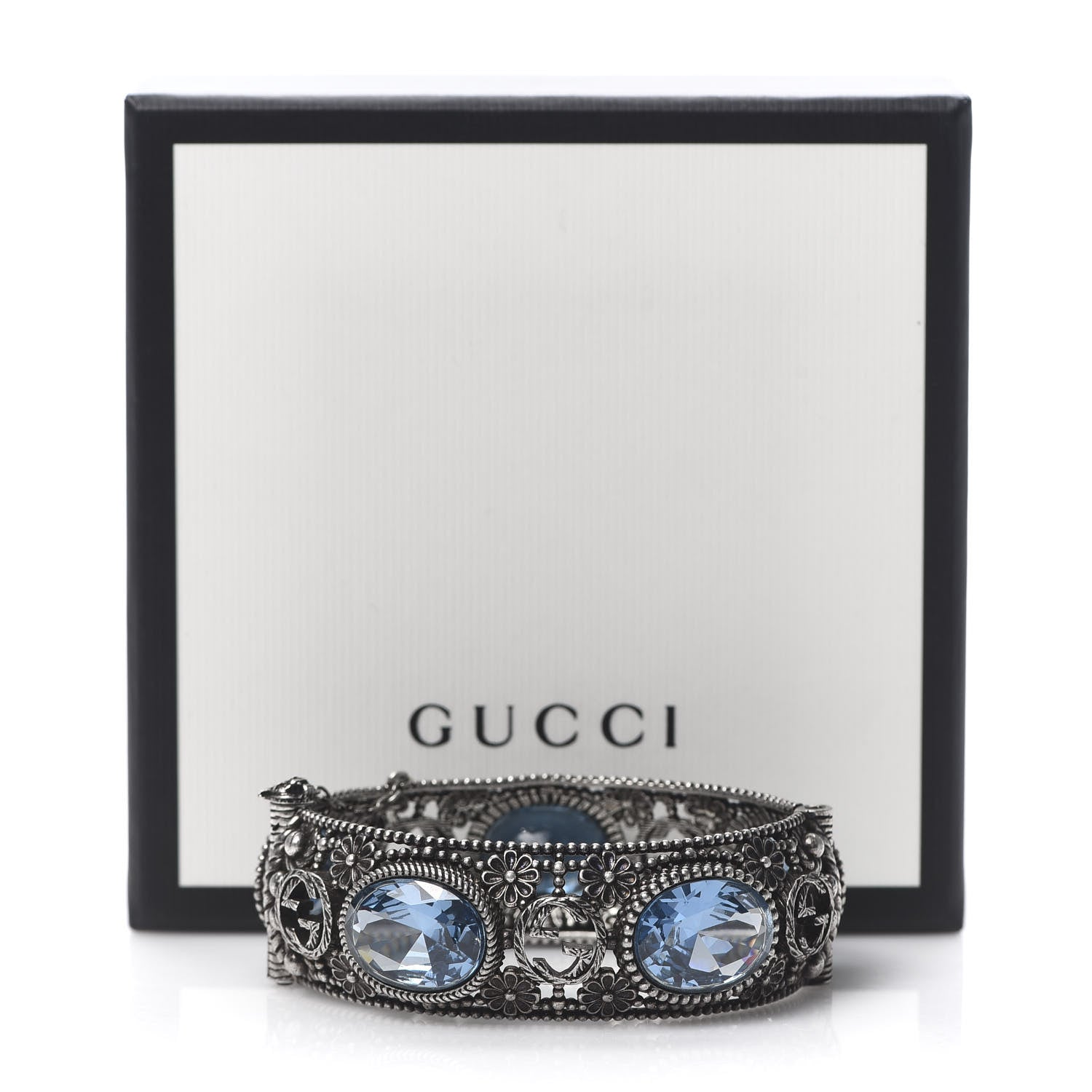 Gucci Sterling Silver Crystal Interlocking G Bangle Bracelet Blue 6 of 6