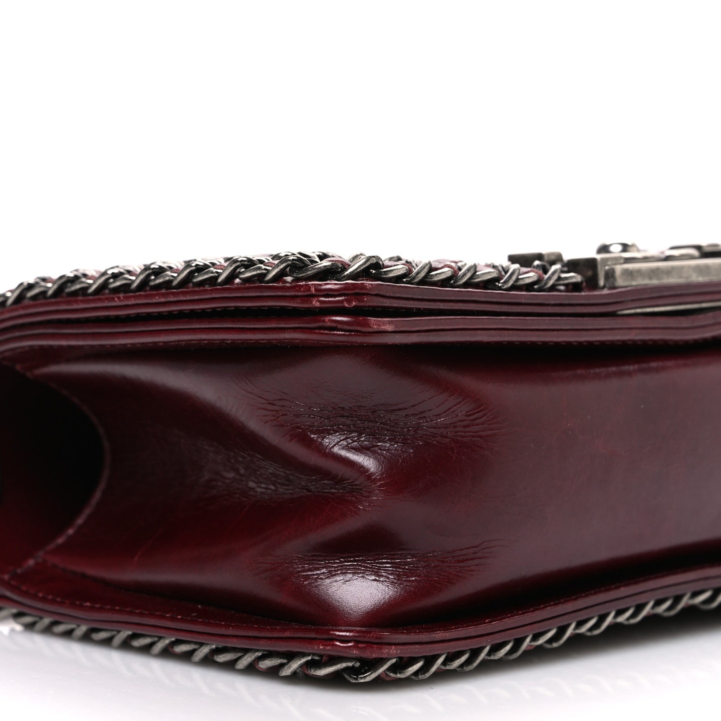 Glazed Calfskin Quilted Small Boy Chained Flap Burgundy
