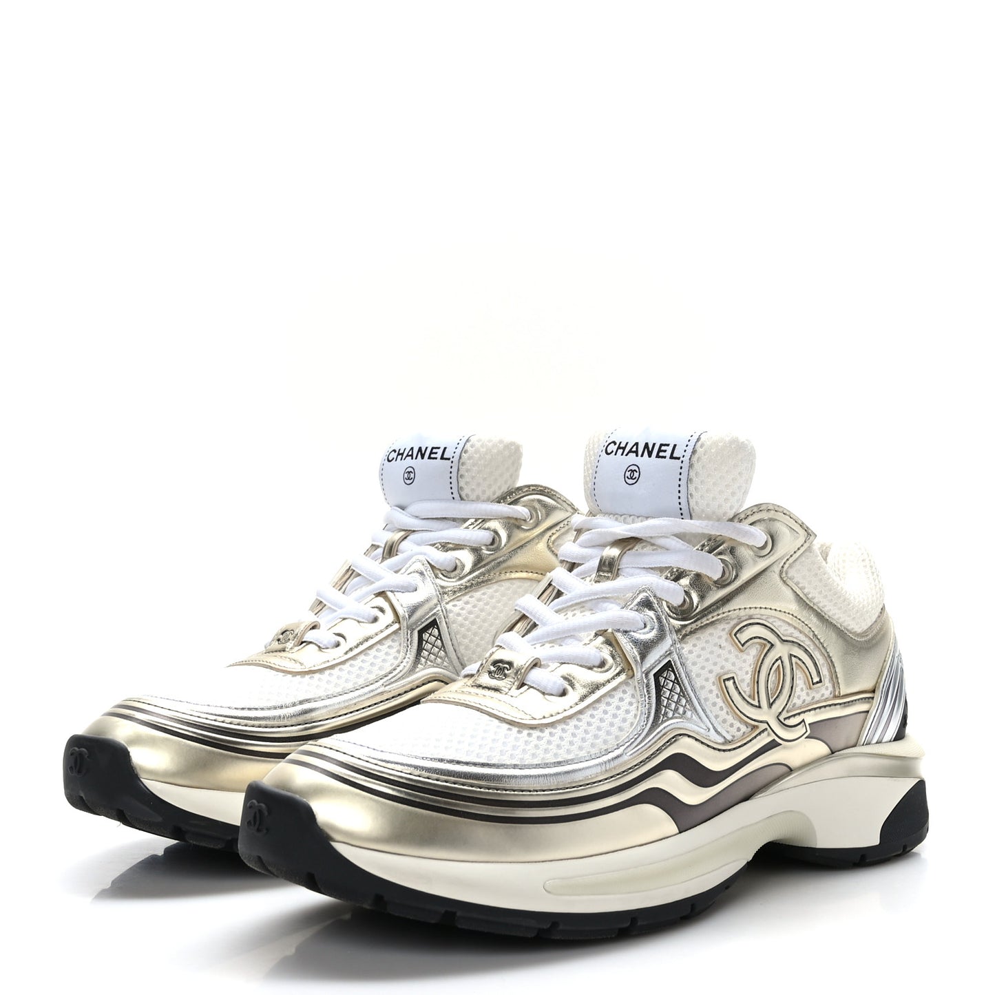 Fabric Laminated Calfskin Stretch CC Sneakers 39.5 White Gold Silver