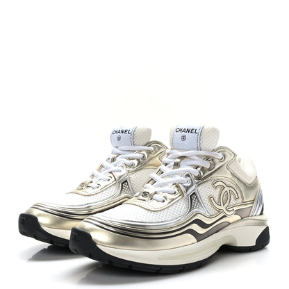Chanel Fabric Laminated Calfskin Stretch CC Sneakers 39.5 White Gold Silver 3 of 8