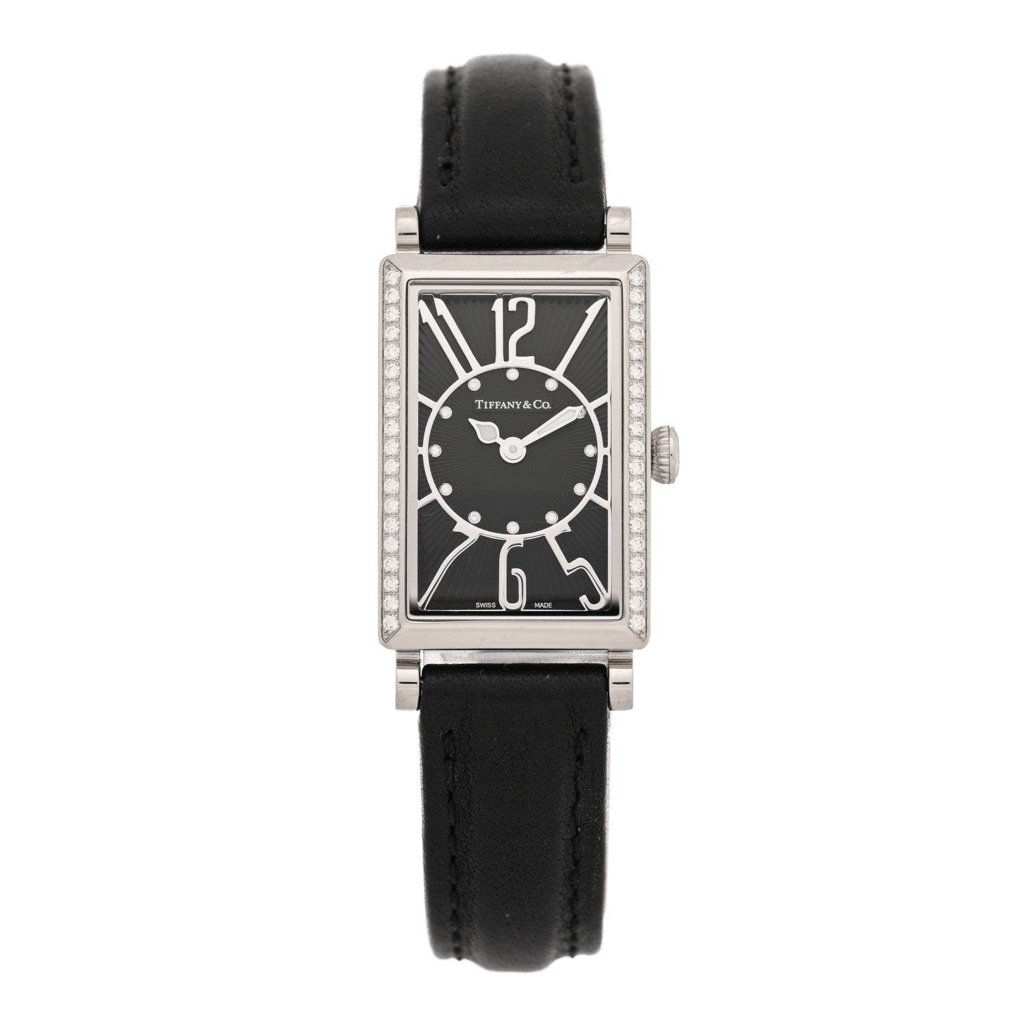Tiffany Stainless Steel Calfskin Diamond 19mm Gallery Quartz Watch Black 1 of 4