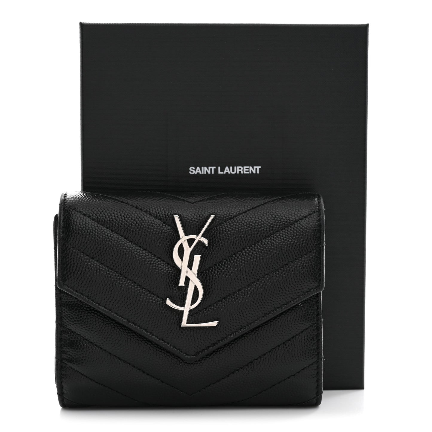 Grain De Poudre Matelasse Chevron Monogram Compact Tri Fold Wallet Black