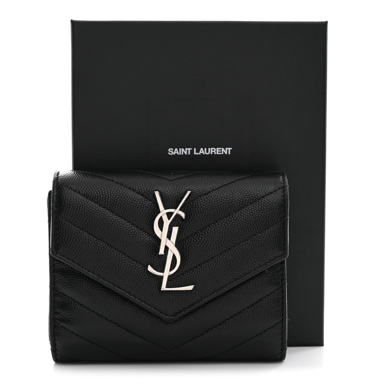 Saint Laurent Grain De Poudre Matelasse Chevron Monogram Compact Tri Fold Wallet Black 11 of 11
