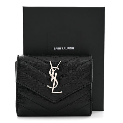 Saint Laurent Grain De Poudre Matelasse Chevron Monogram Compact Tri Fold Wallet Black 11 of 11