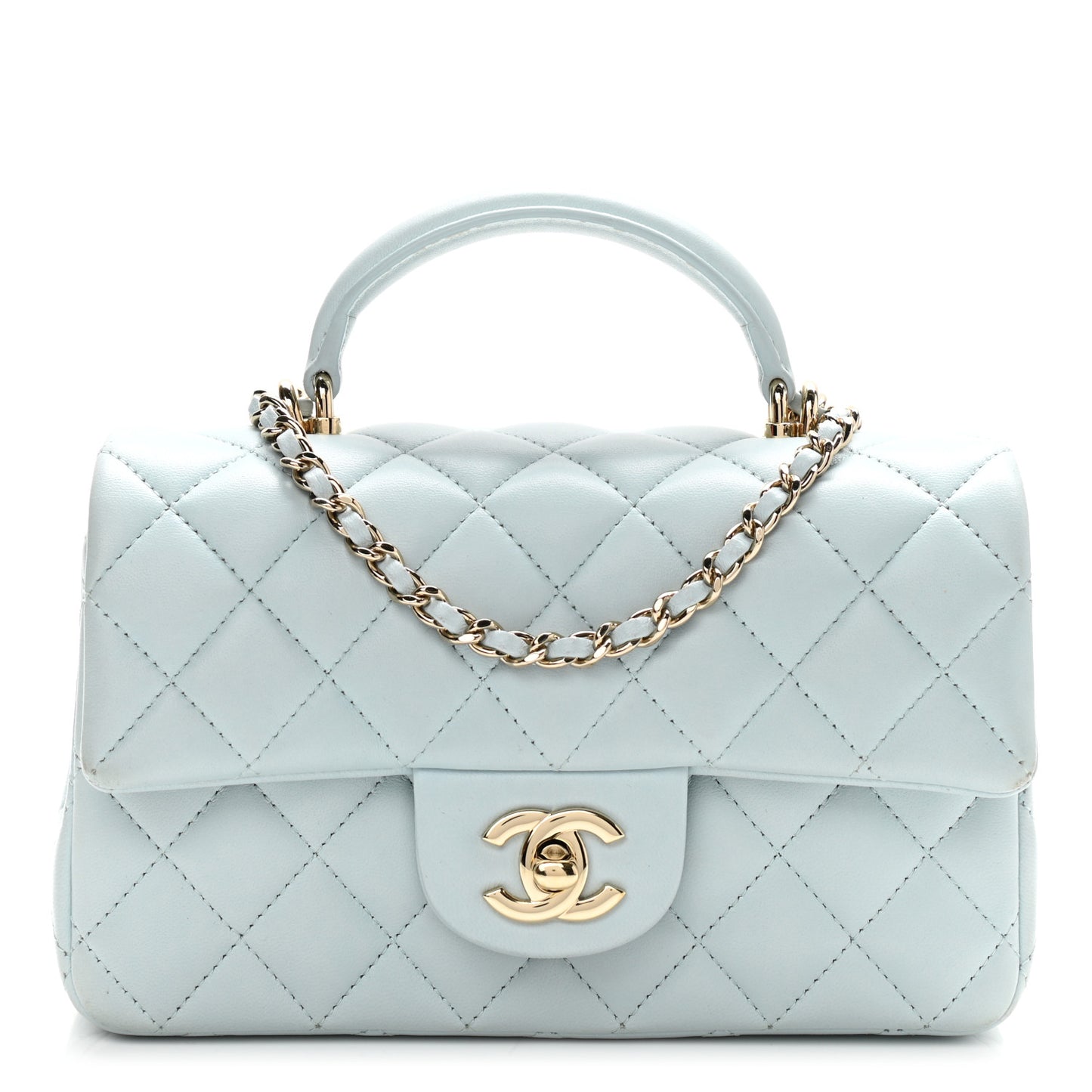 Lambskin Quilted Mini Top Handle Rectangular Flap Light Blue
