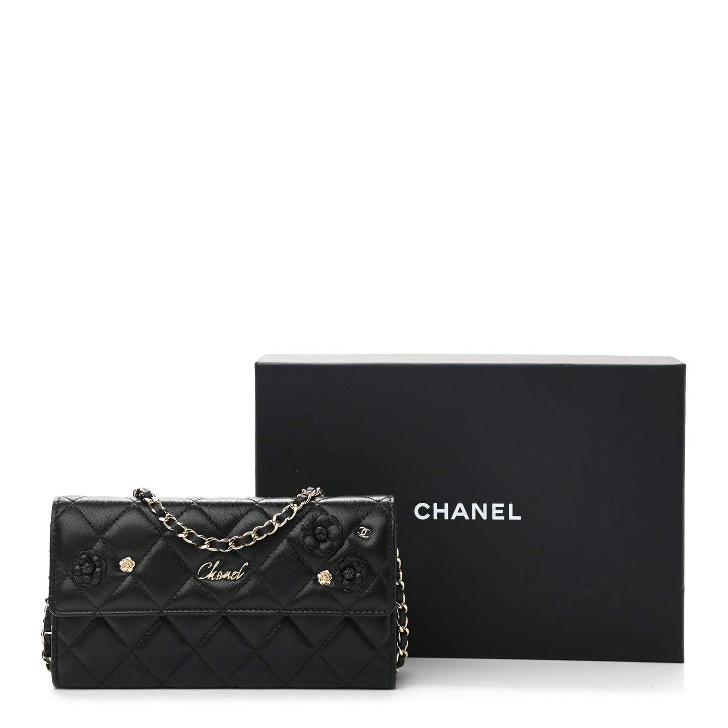 Lambskin Camellia Wallet on Chain WOC Black