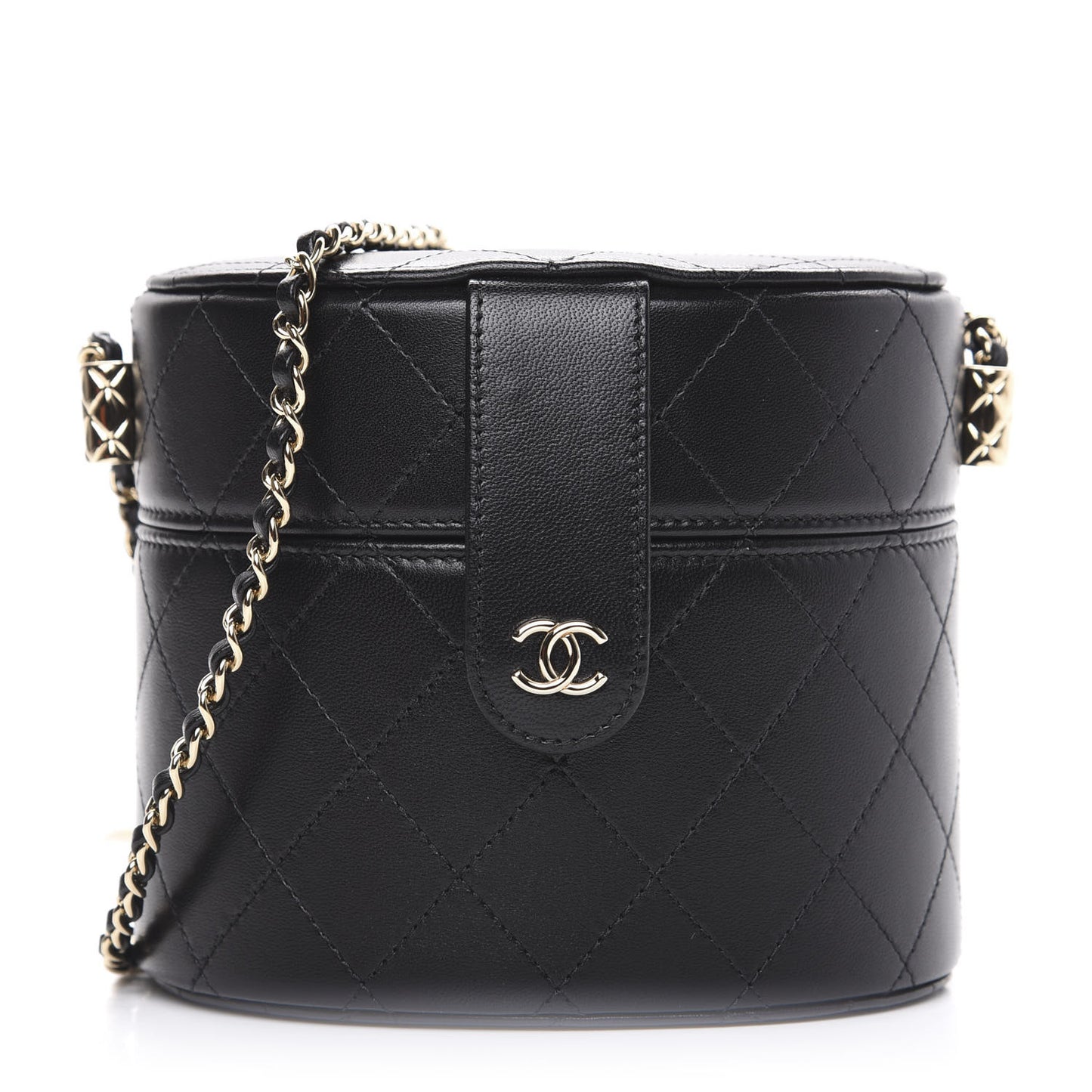 Lambskin Quilted Round Vanity Case With Chain Black