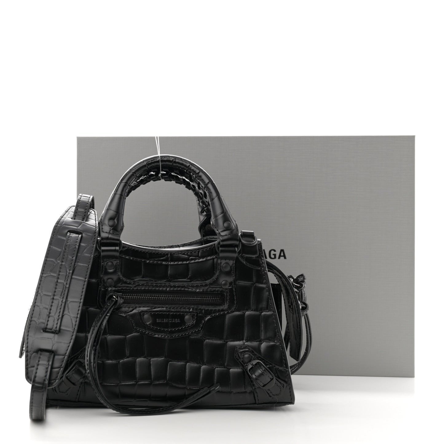 Semi Shiny Calfskin Crocodile Embossed Neo Classic Black Hardware Mini City Black